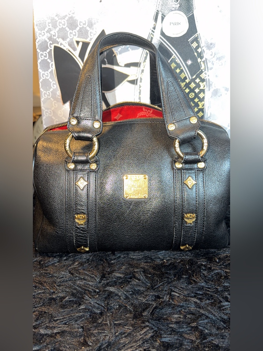 MCM Black Leather Dome Satchel with Red Interior and Gold Hardware